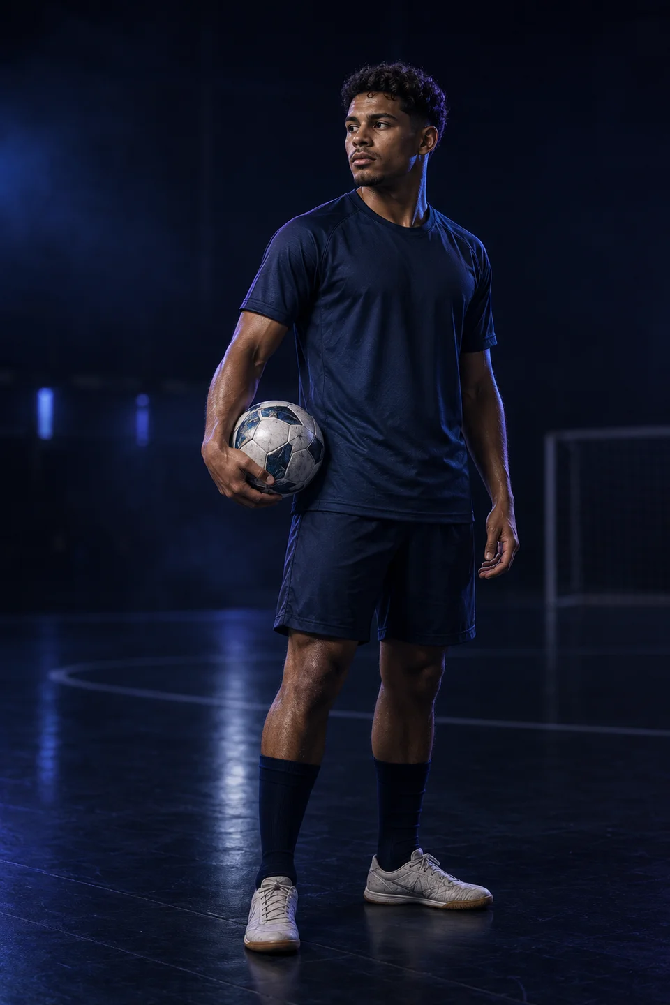 Jogador de futsal segurando a bola em uma quadra com iluminação azul e lilás
